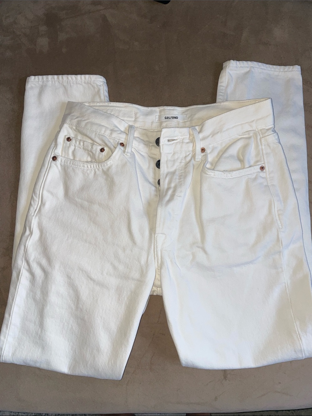GRLFRND Slim Straight White Jeans
